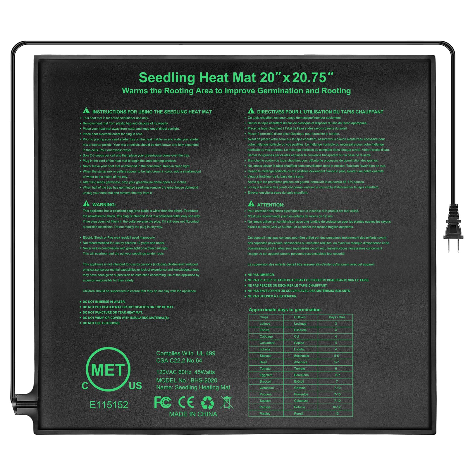 Seedling Heat Mat Hydroponic Plants Heating Pad, Seed Starting Greenhouse and Germination, Waterproof Durable Heating Pad for Indoor Home Gardening Seed Starter(10“x20.75”)