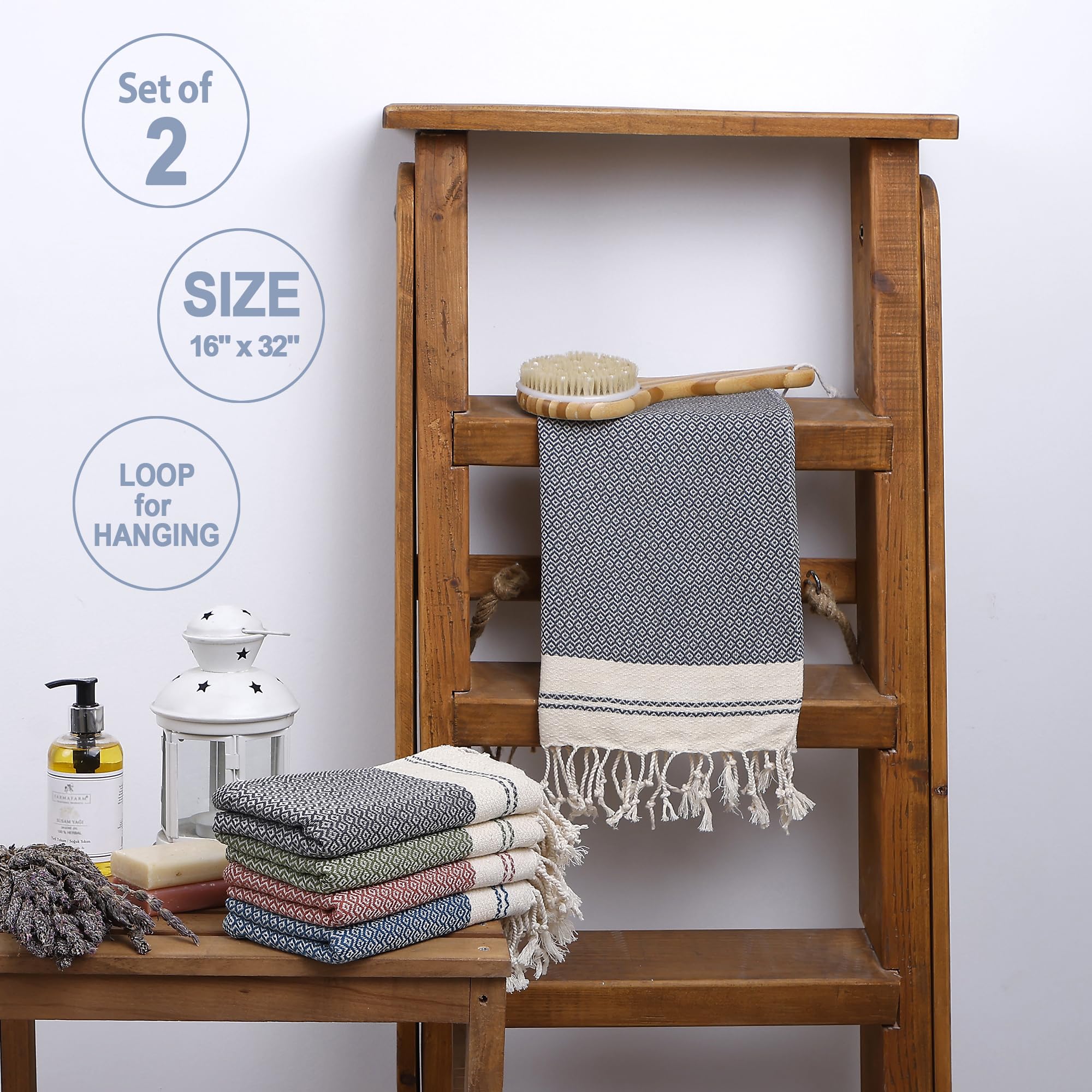 Evelynen Turkish Hand Towels for Bathroom & Kitchen Towels Decorative Set of 2 | Boho Farmhouse Hand Towels with Hanging Loops for Face, Tea, Dish, Kitchen & Bath | %100 Cotton (16" x 32" - Beige)