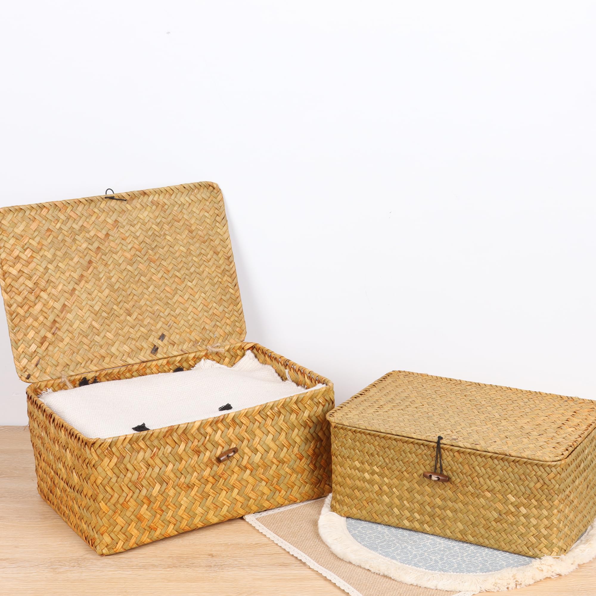 FEIALNDUO Wicker Shelf Baskets with Lid,Seagrass Storage Basket Bins Rectangular Handwoven Basket Boxes for Shelves Desktop Home Organizer (Coffee, X-Small)