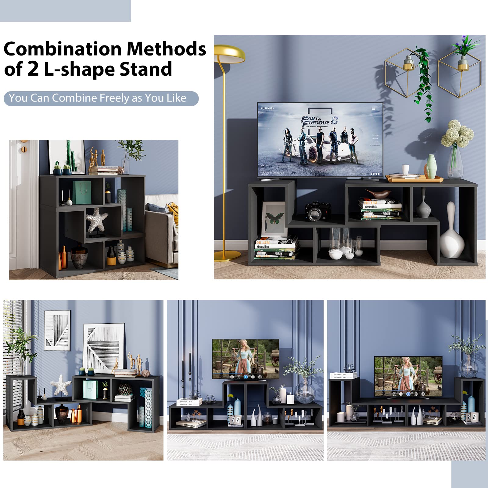 Tangkula 3 Pieces Console TV Stand, Free-Combination Entertainment Center for 50 55 60 65 Inch TV, Minimalist Modern TV Media Stand, DIY Open Storage Bookcase Shelf for Living Room (Black)