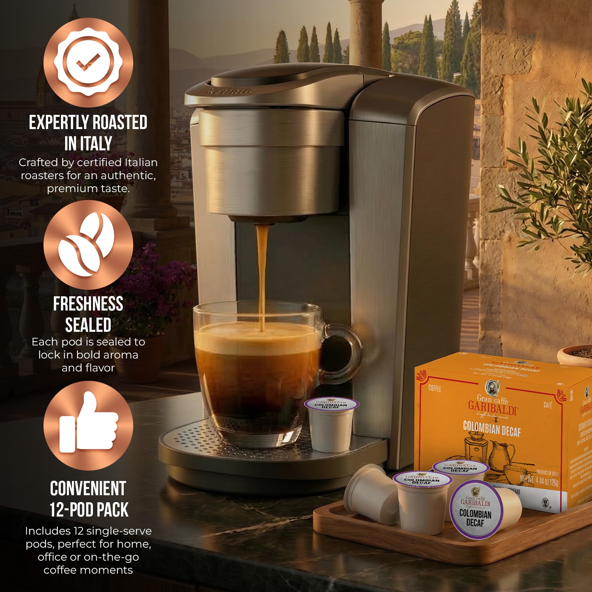 Caffè Garibaldi Colombian Coffee Pods, for Keurig K-Cup Brewers, Single Serve Cups with 100% Arabica Blend for Coffee Makers, 12 Count Recyclable Pods - Medium Roast