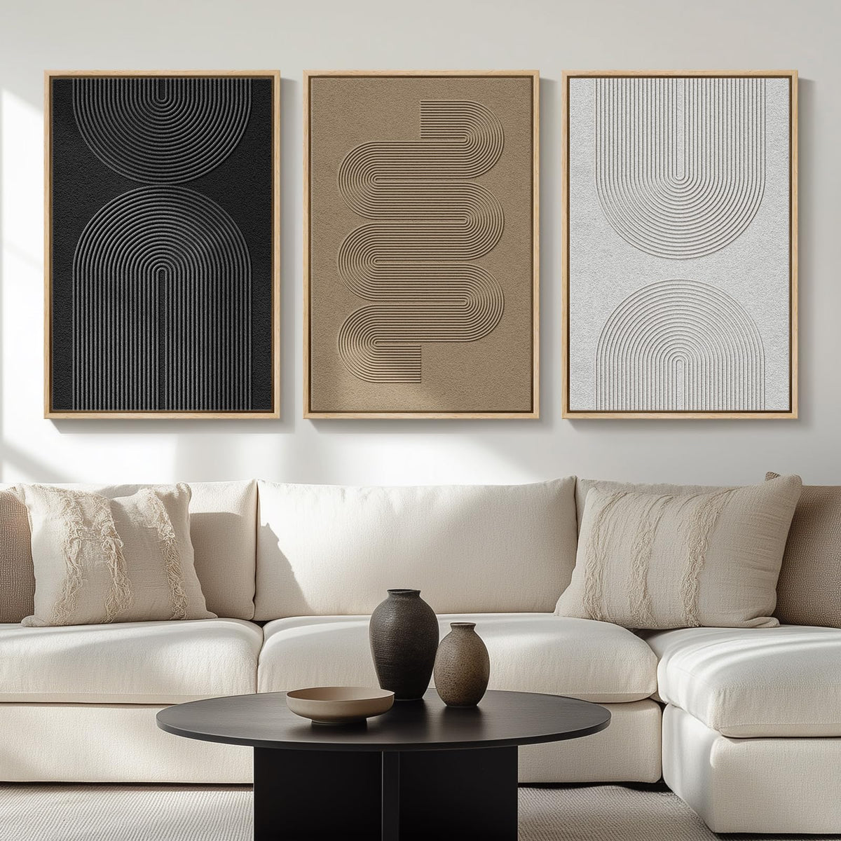 Framed Black and White Modern Abstract Wall Art, 3 Piece Canvas Prints Paintings Artwork for Walls, Minimalist Black White Grey Pictures for Living Room Dining Room Bedroom Office Wall Decor 16x24 In