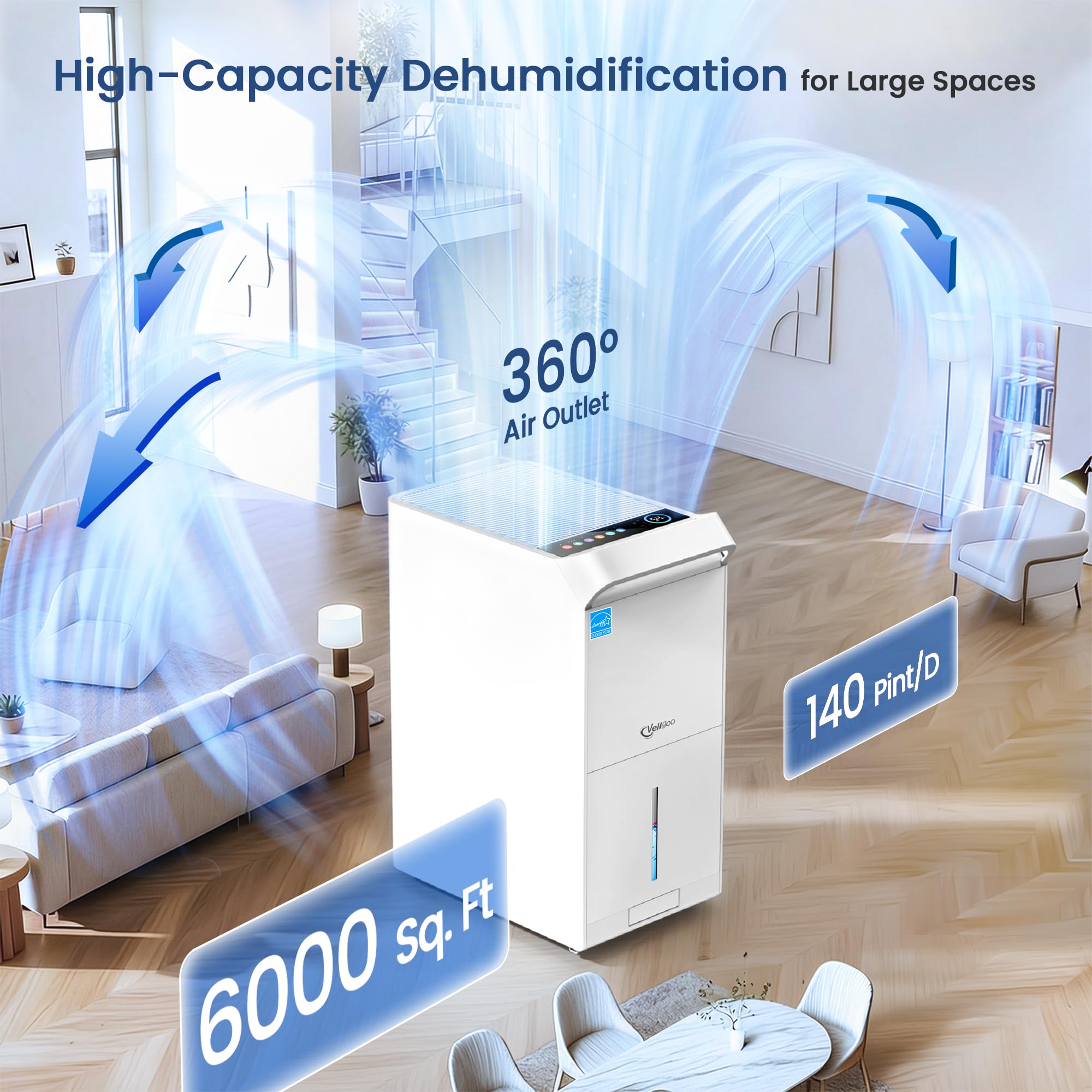 6000 Sq Ft Dehumidifier, Energy Star Most Efficient 2025 Max 140 Pint/Day Dehumidifier for Basement, Large Room and Home with Drain Hose, Auto Defrost, Smart Humidity Control, Auto Restart