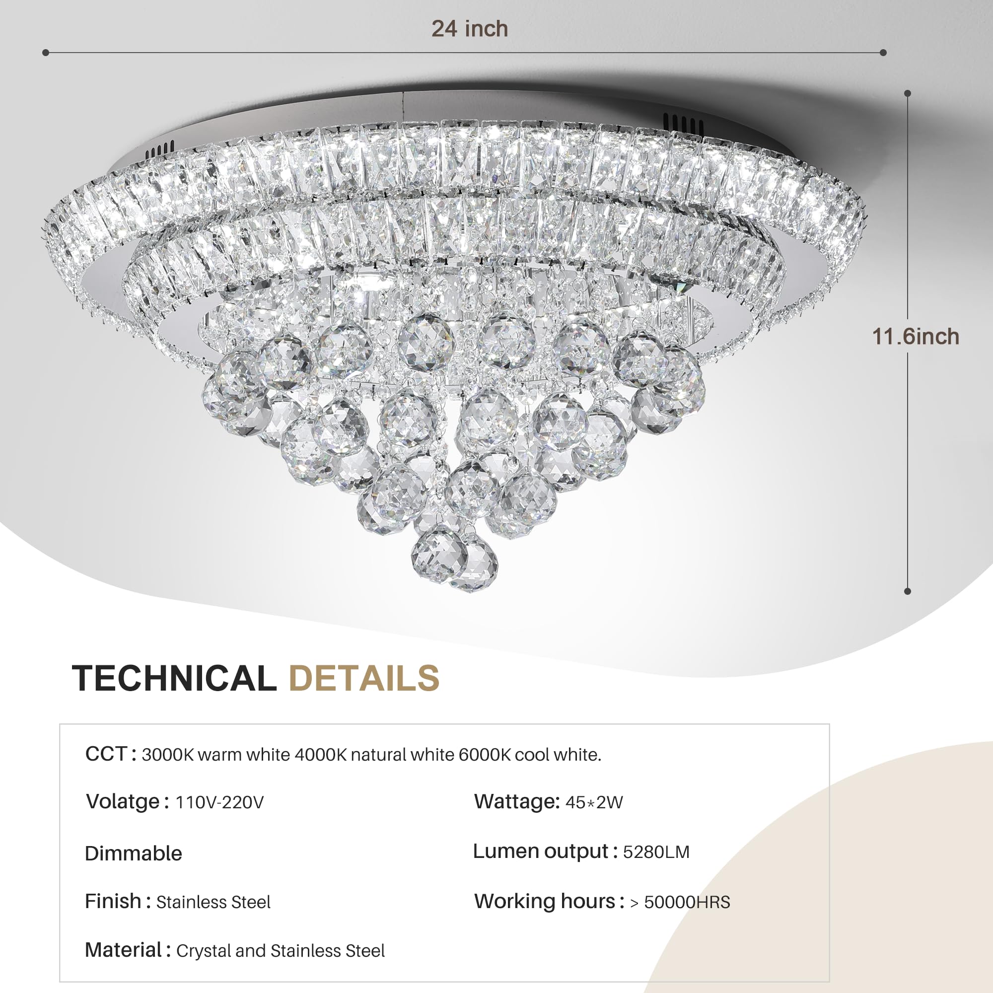 COCOSTAR 20" Gold Crystal Chandeliers, Flush Mount Chandelier LED Ceiling Light, Modern Crystal Raindrop Chandeliers for Dining Room, Living Room, Bedroom