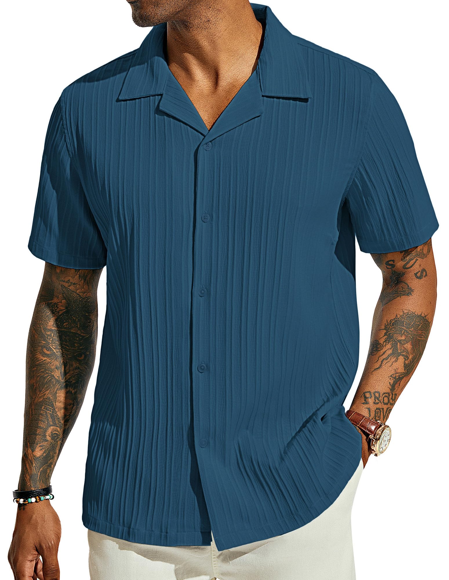 PJ PAUL JONES Men's Casual Button Down Shirts - Short Sleeve Summer Textured Beach Wrinkle-Free Shirts