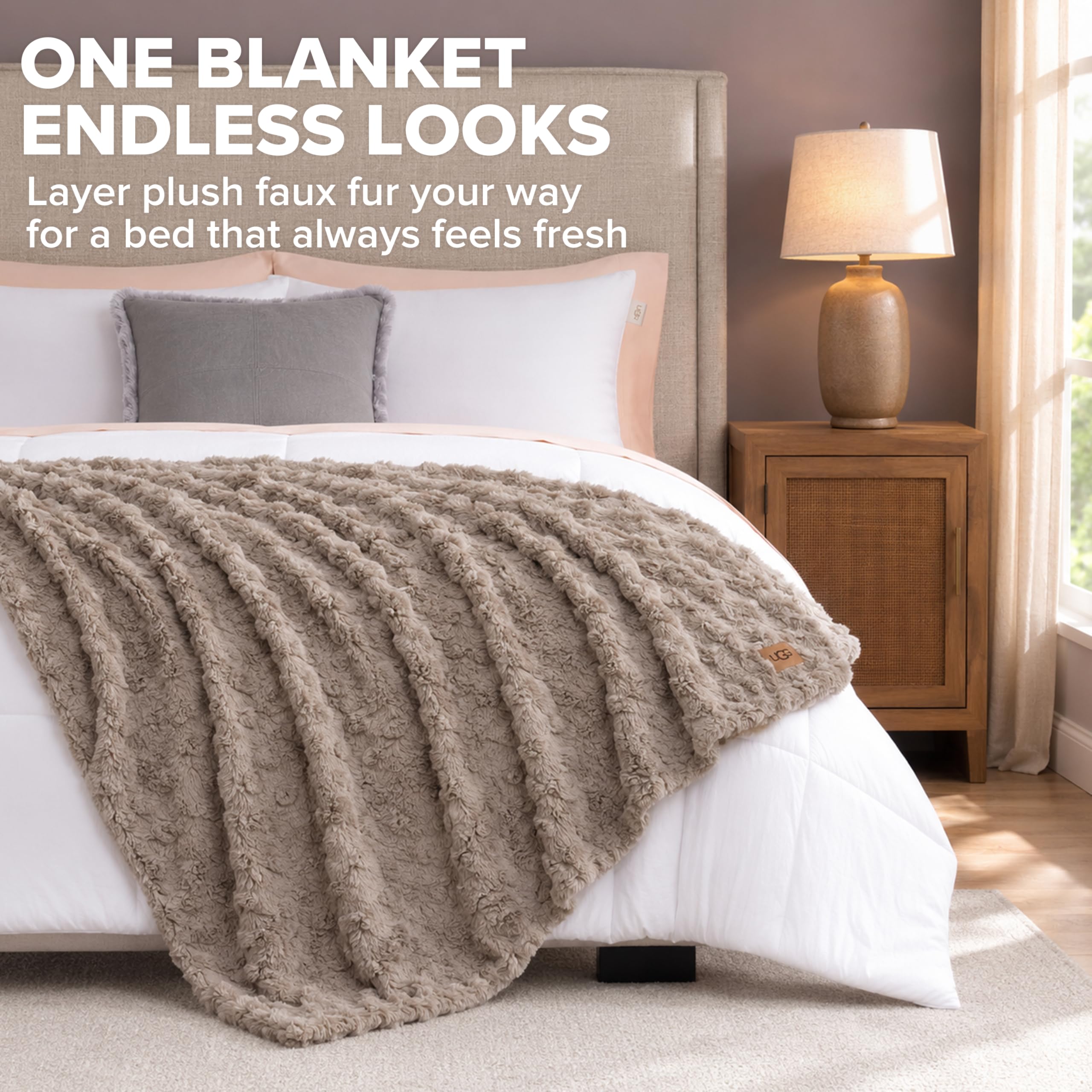 UGG Adalee Faux Fur Twin Size Blanket, Warm Cozy Blanket, Extra Large Throw for Sofa, Washable Bedding for Twin XL Size Bed, Cute Room Decor, 66" x 90", Oyster Brown