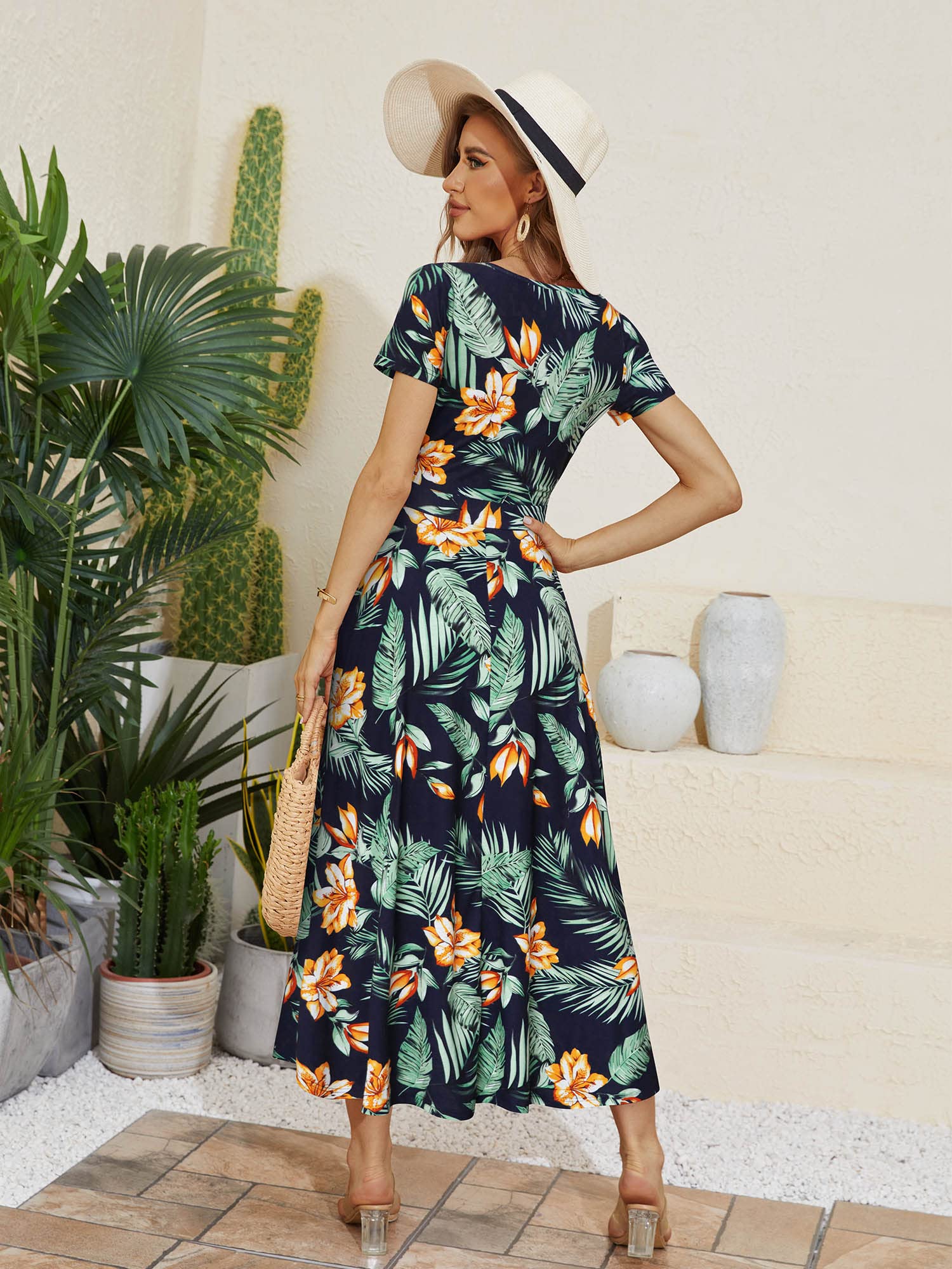 HUHOT Women's Short Sleeve Wrap V Neck Dresses for Wedding Guest Summer Floral Maxi Sundresses with Pockets Boho Dress
