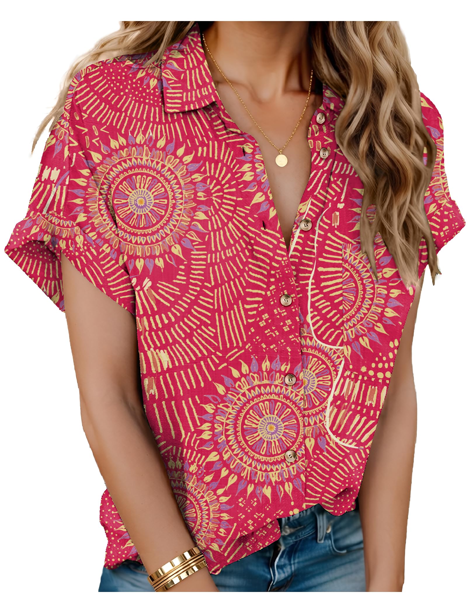 HOTOUCH Linen Shirts for Women Button Down Short Sleeve Tops Cotton Blouses Collared Button-up Beach Vacation Outfits