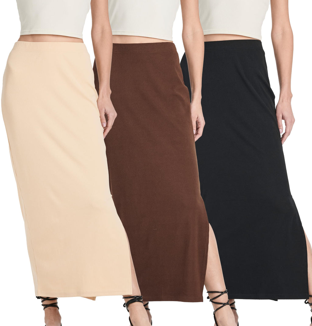 Real Essentials 3 Pack: Women's Ribbed High Waisted Maxi Skirt with Side Slit - Casual Long Pencil Skirt