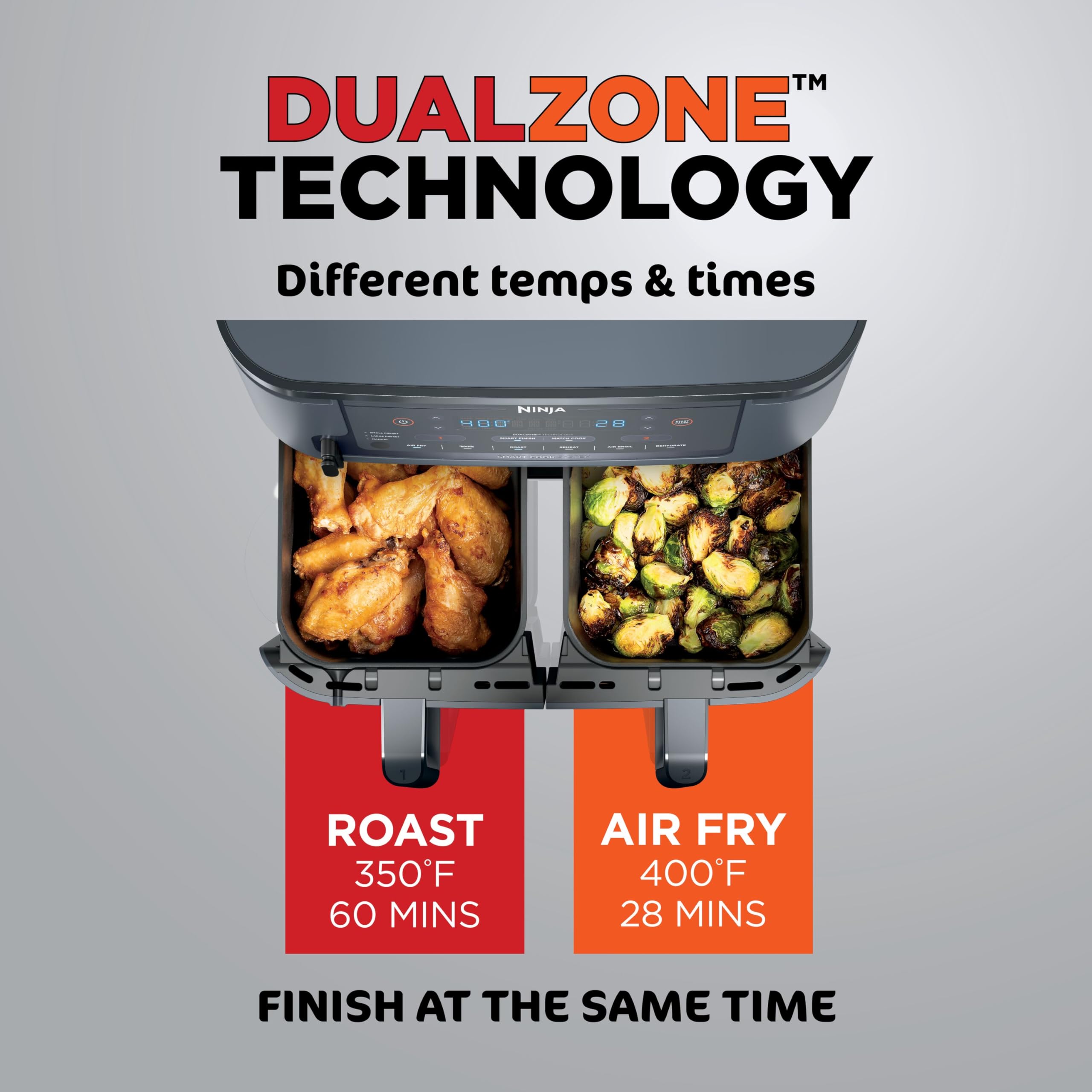Ninja DZ550 Foodi 10 QT 6-in-1 DualZone Smart XL Air Fryer with 2 Independent Baskets, Smart Cook Thermometer for Perfect Doneness, Match Cook & Smart Finish to Roast, Dehydrate & More, Grey