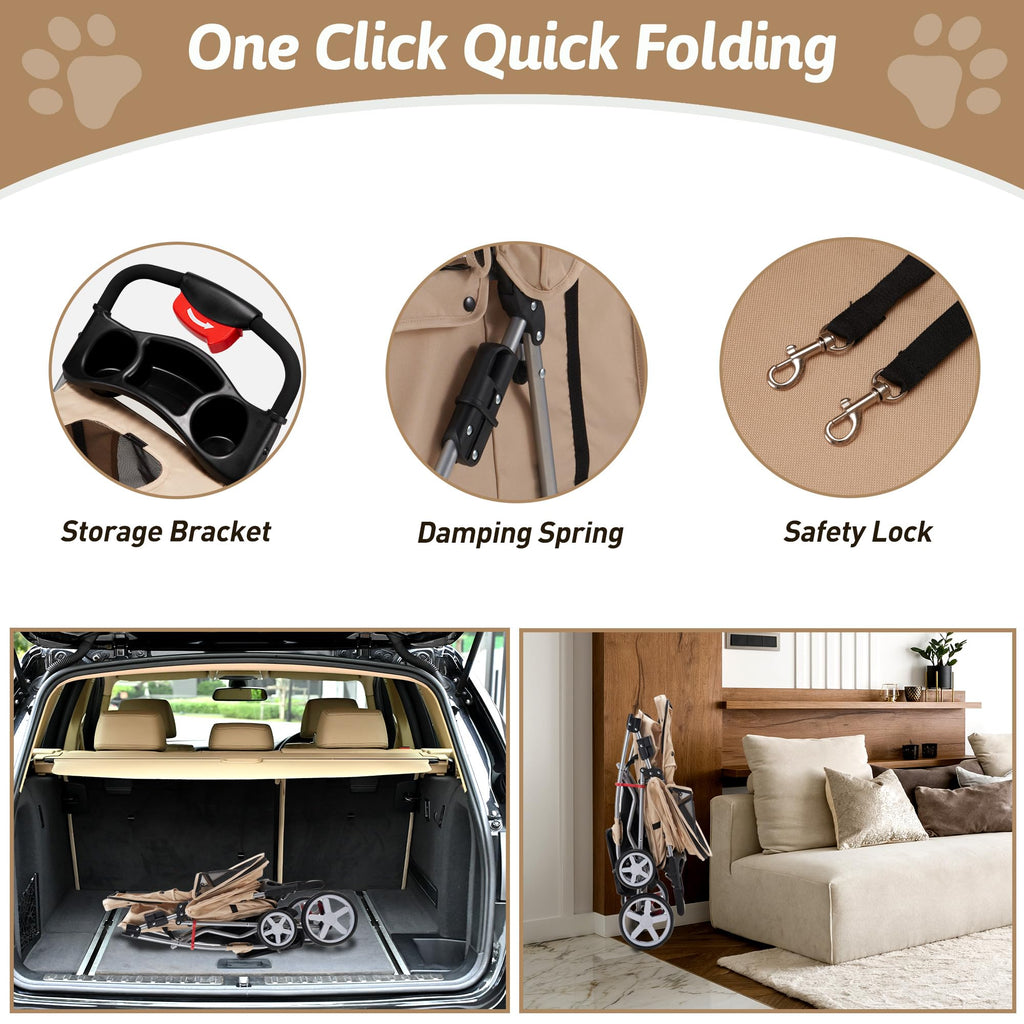 Pet Stroller, 4 Wheels Pet Strolling Cart for Medium/Small Dogs and Cats, Foldable Cat Jogger/Dog Stroller with Cup Holder, Storage Basket, Breathable Mesh, All-Season Pet Carrier, Black