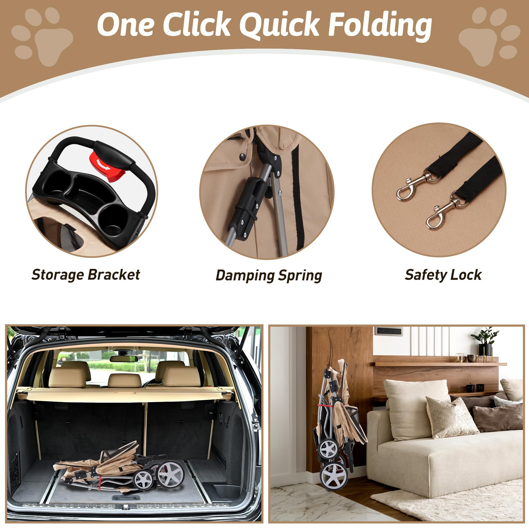 Pet Stroller, 4 Wheels Pet Strolling Cart for Medium/Small Dogs and Cats, Foldable Cat Jogger/Dog Stroller with Cup Holder, Storage Basket, Breathable Mesh, All-Season Pet Carrier, Black