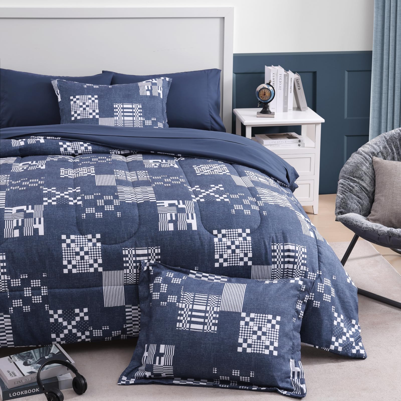 AMBERSPACE Plaid Twin XL Comforter Set Black, Reversible Checkered Bedding Set 5 Pieces for Boys Girls Teen, Lightweight Bed in a Bag for Dorm with Sheets, Pillowcase & Sham