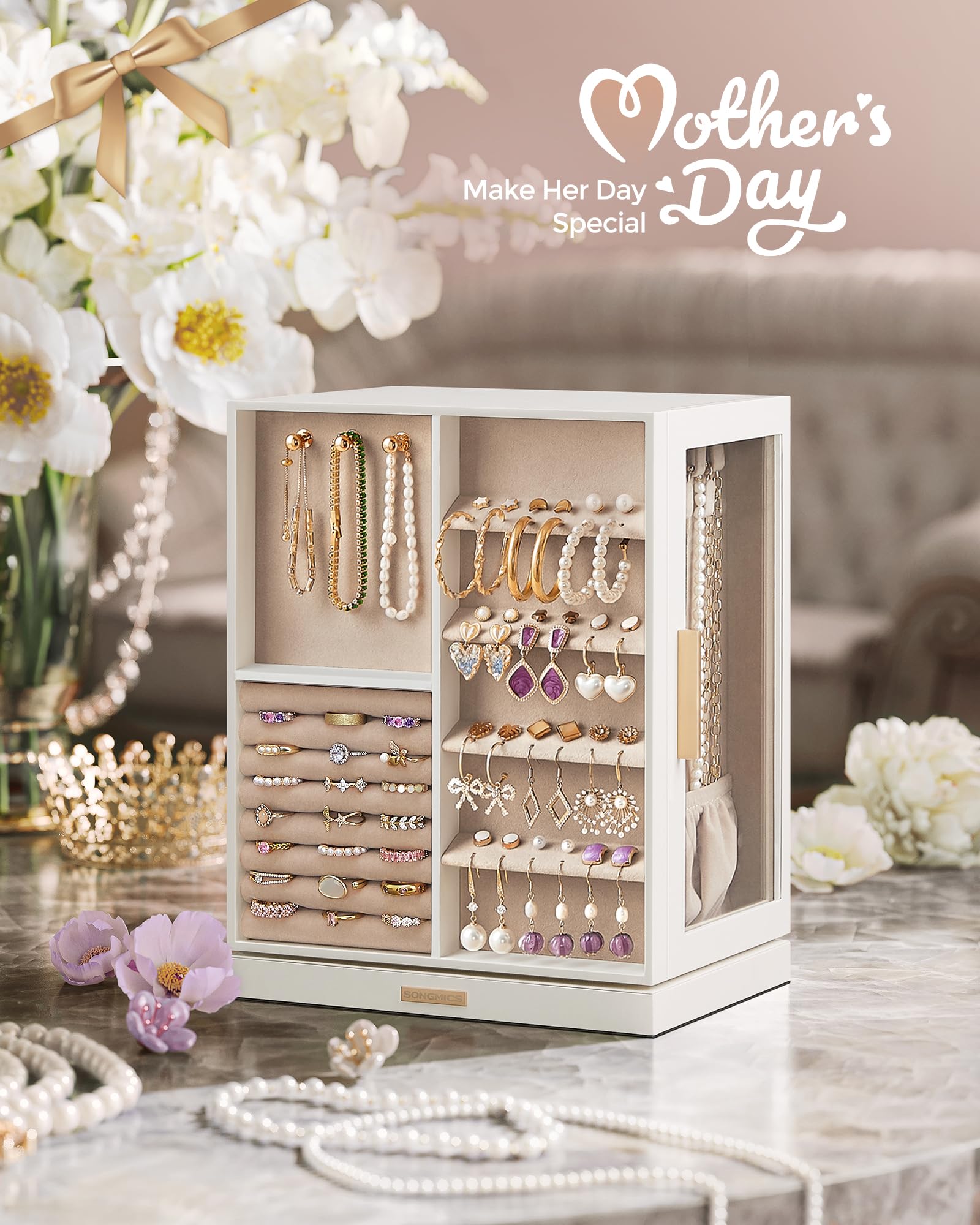 SONGMICS GISELLA Collection - Jewelry Box Organizer 360° Rotating, Vertical Jewelry Storage Case with 5 Drawers, Glass Window, Spacious, Open Design, Great Gift, Cloud White UJBC170W01