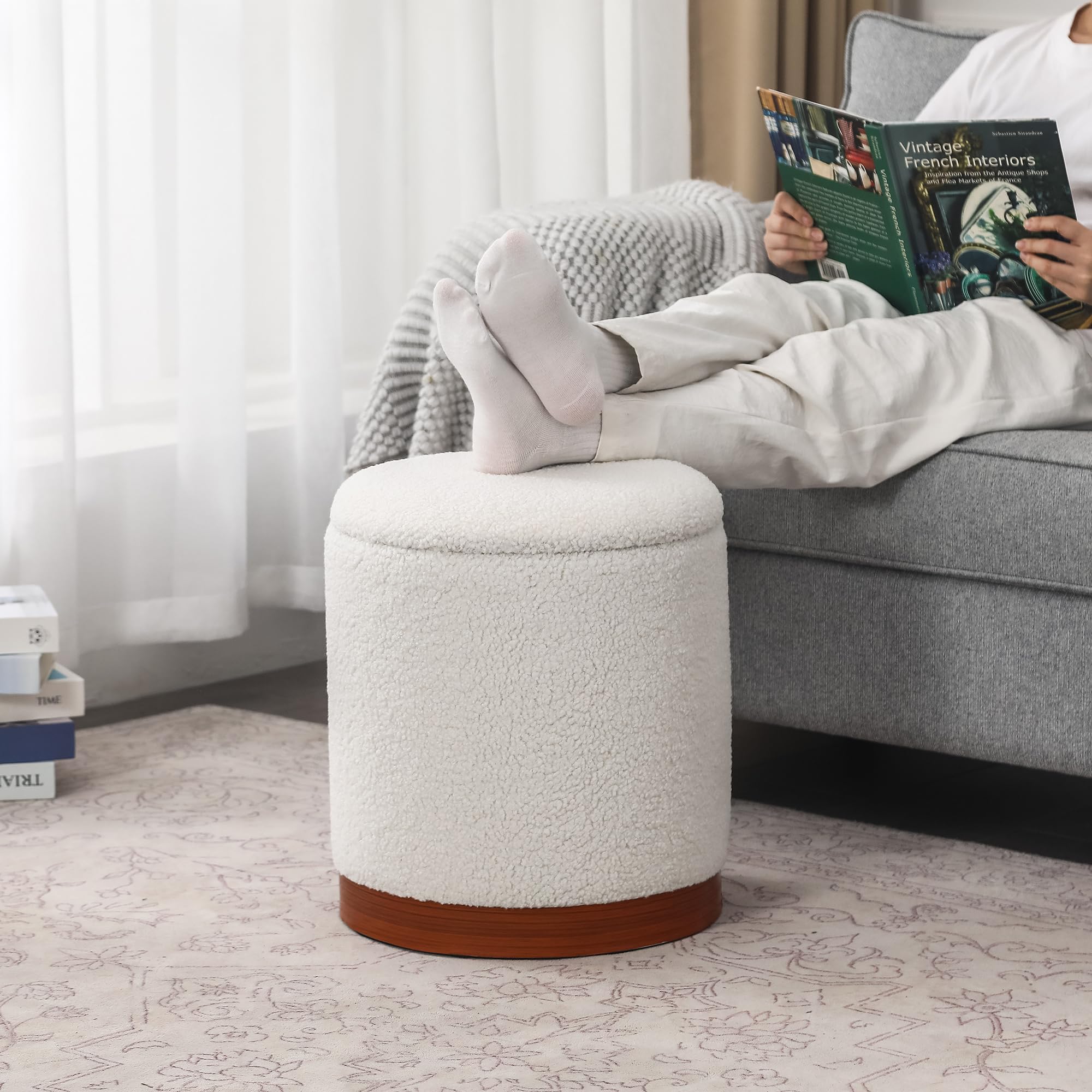 Joveco Boucle Round Ottoman with Storage,Vanity Stool with Storage for Bedroom, Ottoman Coffee Table,Small Boucle Foot Stool for Living Room, Black with Gold Plating