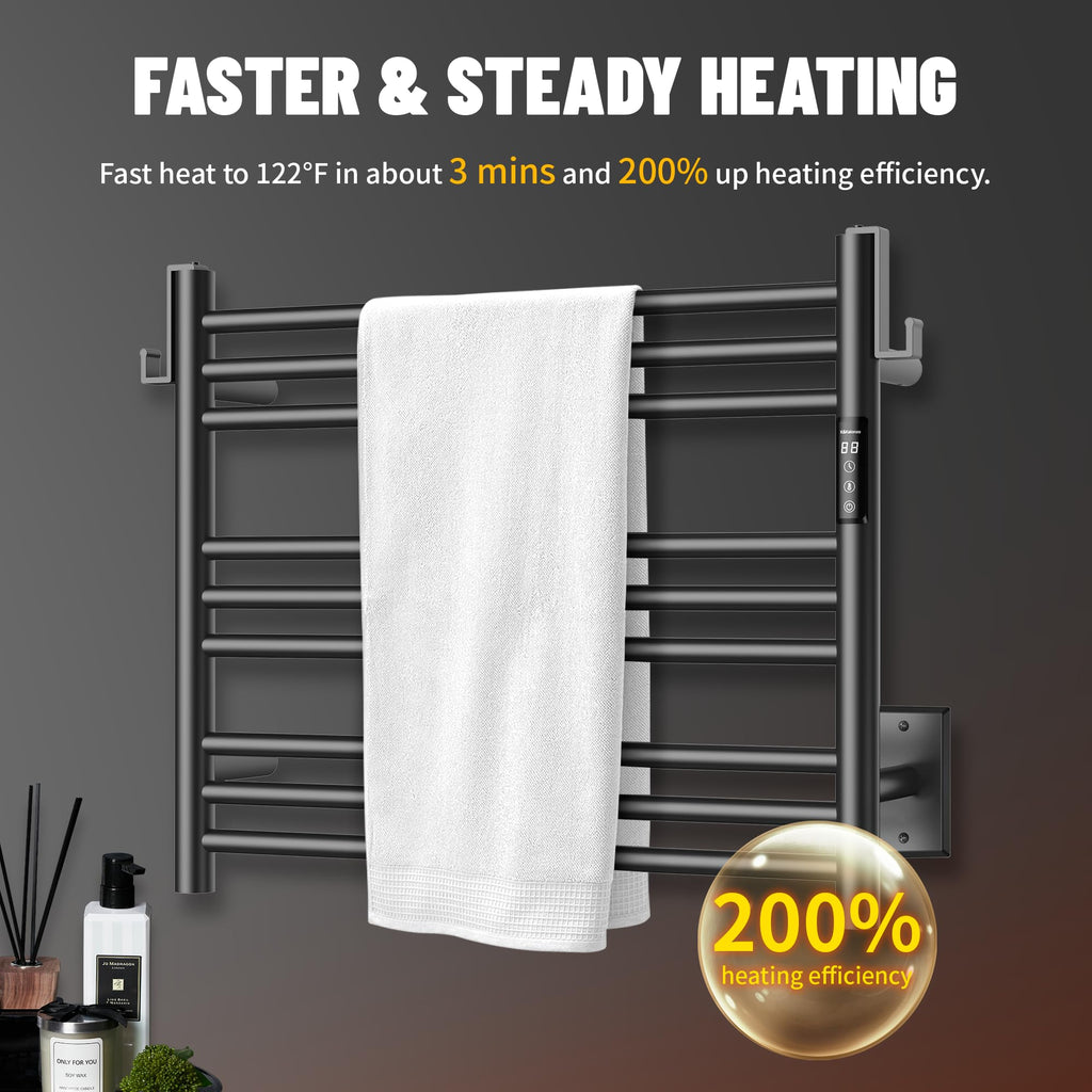 K&KALONZO Wall-Mounted 9-Bar Heated Towel Rack, Fast Heat in 2 Min, NTC Safety | 4 Timers & 3 Heat Levels Control, Plug-In/Hardwired, Top Hooks, Memory Function, Anti-Scald, Stainless Steel, EL13ML