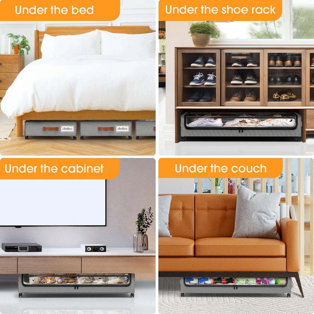 SpaceHacks Under Bed Storage with Wheels 1Pack Underbed Storage with Clear Window&Label Under Bed Drawers Large Capacity Rolling Under Bed Storage for Clothes,Shoes, Blankets (Beige)