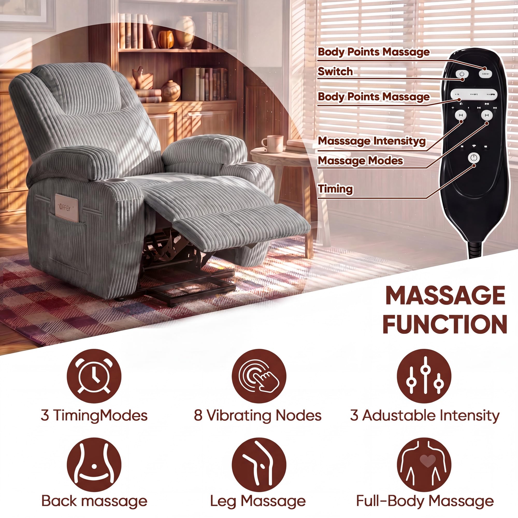 Furmax Electric Power Lift Recliner Chair with Massage for Elderly Corduroy Fabric Recliner Single Sofa with Cup Holders, Side Pockets and Remote Control for Living Room Bedroom (Leathaire, Brown)