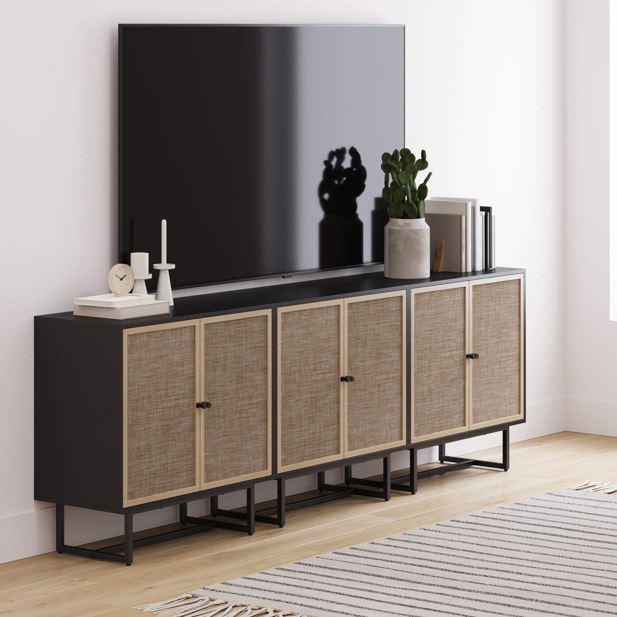 Nathan James Kova Rattan Wood Accent Sideboard Storage Cabinet with Matte Metal Frame, Adjustable Interior Shelves and Cane Doors, for Hallway, Entryway or Living Room, Black Oak/Cane