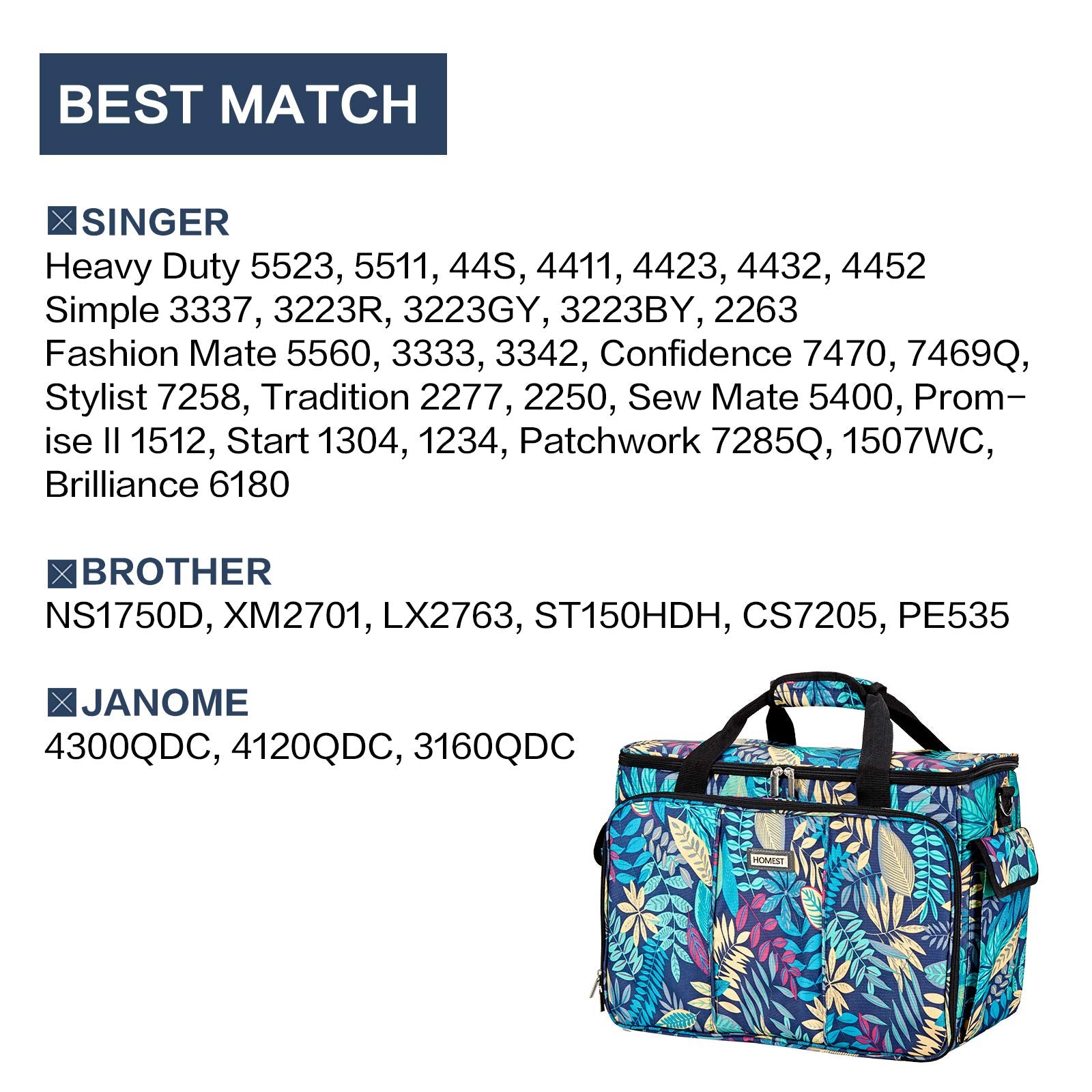 HOMEST Sewing Machine Carry Case, with Shoulder Strap and Front Pocket | Fits most standard Singer, Brother and Janome machines, with storage pockets for sewing accessories and tools, Floral