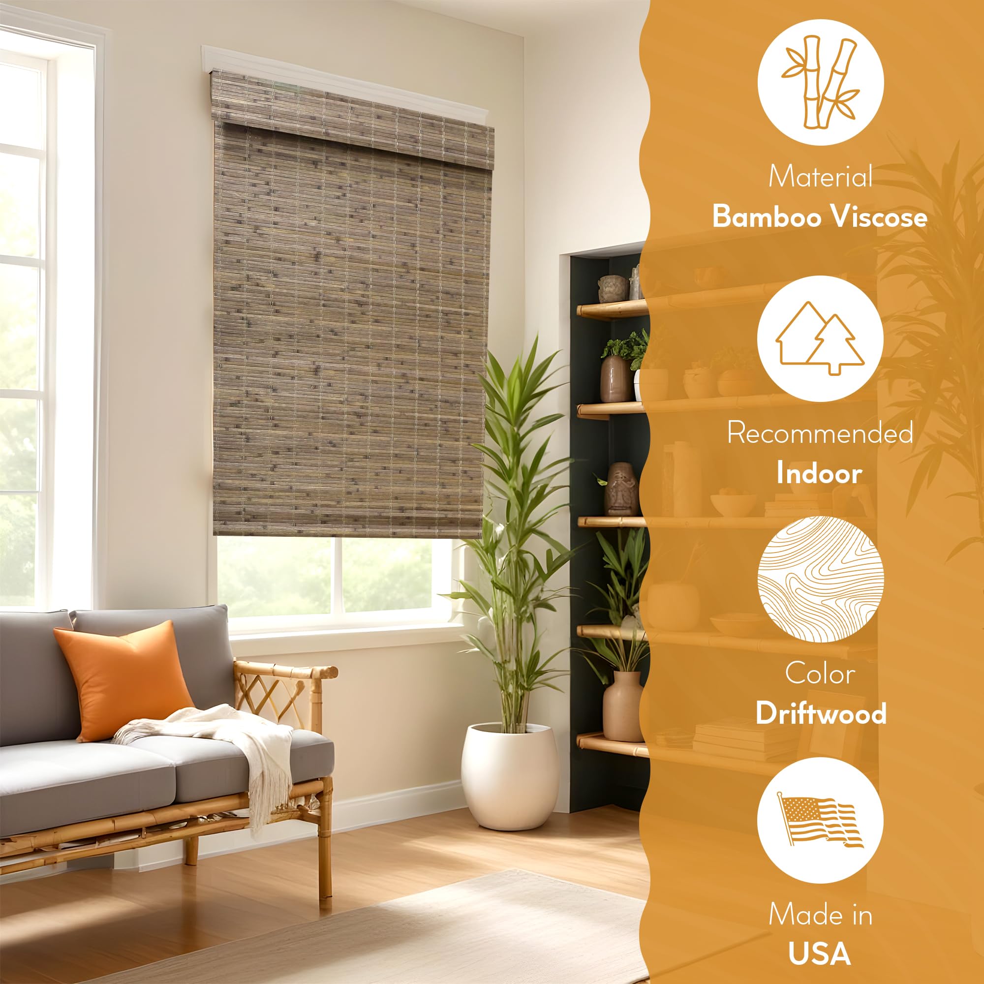 Radiance Cordless Bamboo Roman Shades for Windows - Flatstick Bamboo Blinds for Semi-Private Light Control - Easy to Lift & Fold Up Window Shades - Cocoa - 23 in. W x 64 in. L - (2216300E)