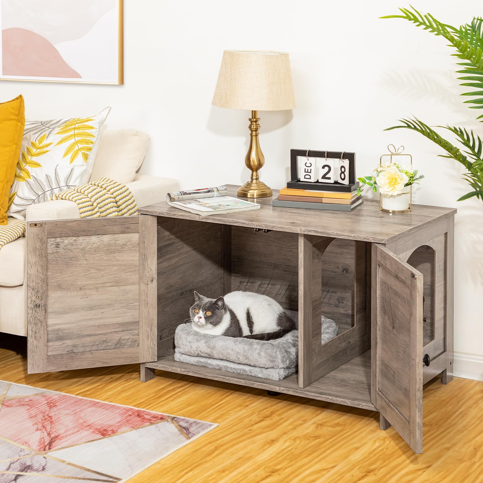 HOOBRO Litter Box Enclosure, Cat Litter Box Furniture with Removable Divider, Large Hidden Litter Box Furniture, Wooden Cat House, End Side Table, 31" L x 17.5" W x 19.7" H, Greige BG03MW01G2