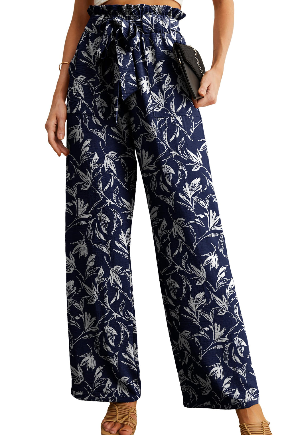IWOLLENCE Women High Waist Palazzo Pants, Adjustable Knot Ankle Wide Leg Trousers Pockets Beach Vacation Lounge Office