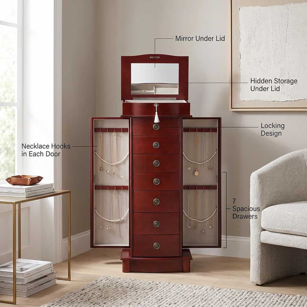 Hives and Honey Nora Jewelry Armoire Cabinet with Mirror – 7 Drawers, Locking Top, Necklace Hooks, Anti-Tarnish Felt – Traditional Standing Jewelry Organizer for Women, Cherry