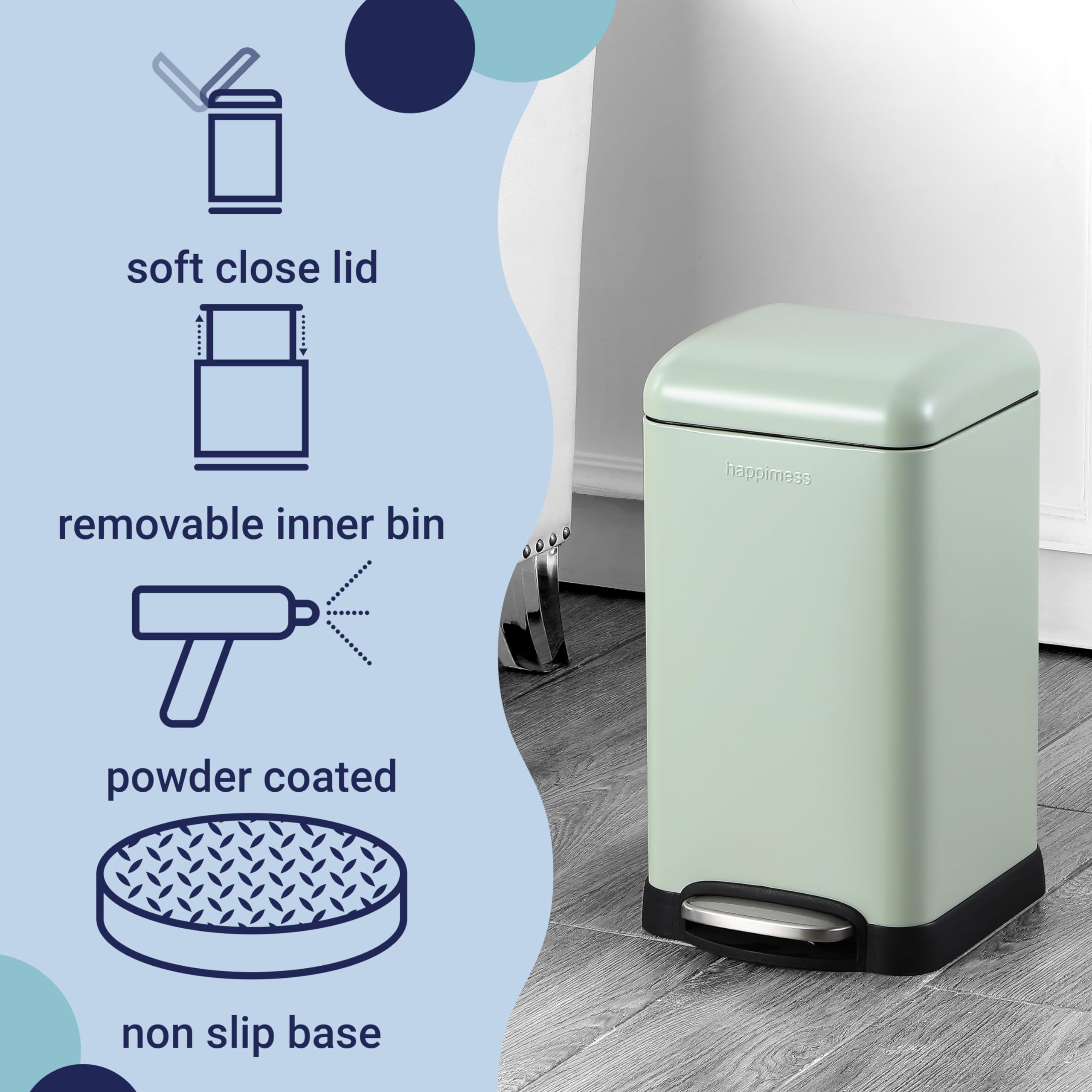 happimess HPM1012B Betty Retro Mini 3.2-Gallon Step-Open Trash Can with Soft-Close Lid, Modern, Minimalistic, Fingerprint Proof for Home, Kitchen, Laundry Room, Office, Bedroom, Bathroom, Black