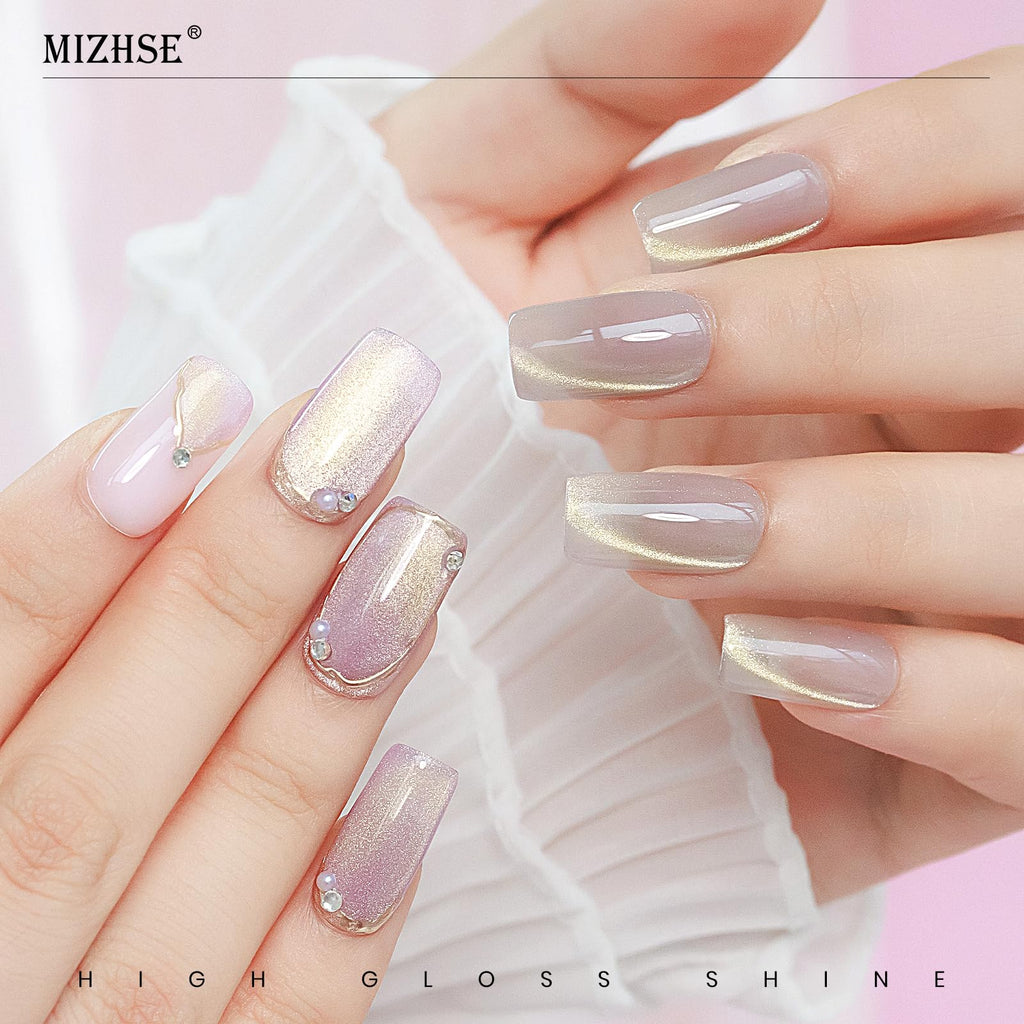 MIZHSE Cat Eye Gel Nail Polish, Moonlight Magnetic Gel Polish and Sheer Nude Nail Kit with 1 Magnet Stick, Glass Shiny Effect Silver Pink Purple Soak Off Manicure Home DIY