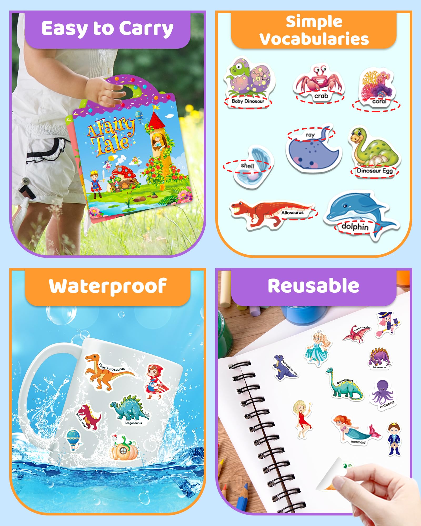 Benresive Reusable Sticker Book for Toddlers, Stickers for Kids, Travel Toys for Arts & Crafts Activities, Birthday Gift for Boys & Girls, Animals Dinosaurs Insects Themes