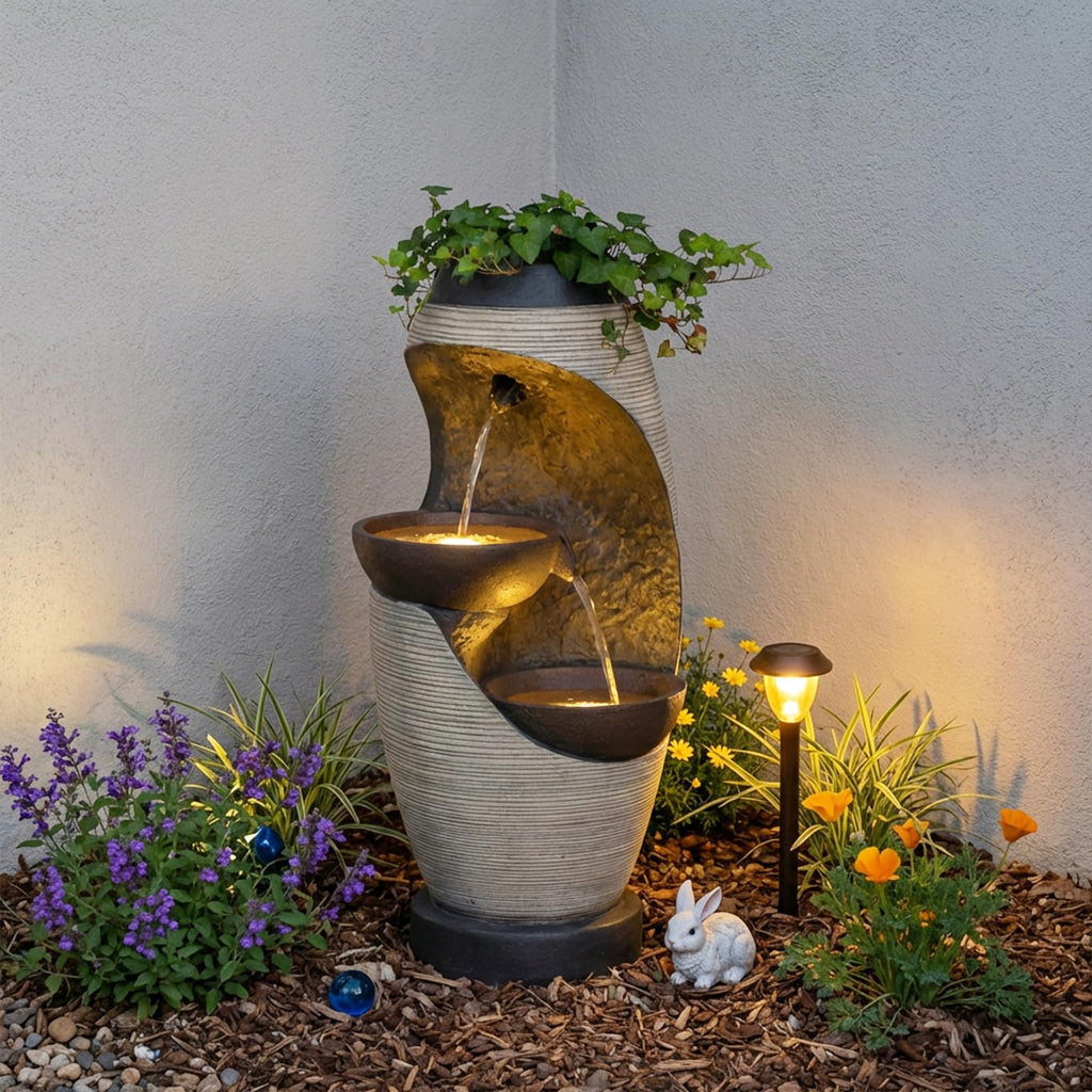 Bumilgar 2-Tier Bowl Water Fountain with LED Lights, 27.95" Tall Freestanding Outdoor & Indoor Garden Waterfall Fountain for Yard, Patio, Backyard, Floor Standing Home Decor
