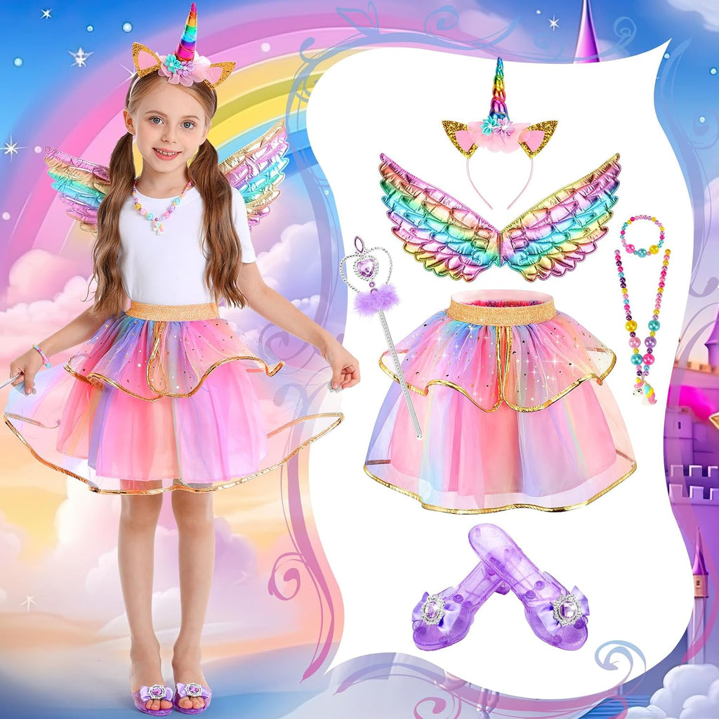Chillife Princess Dress Up Fairy & Unicorn Costume for Girls 4-6, Toddler Dress with Tutu, Wings, Shoes, Jewelry, Headband Fairy Unicorn Toys for Girls Christmas Halloween Birthday Gift Toys