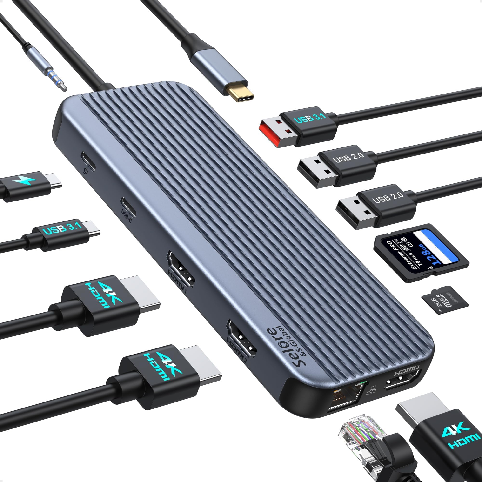 10Gbps USB C Hub with 4K@60Hz Video Display, Selore 5 Ports USB-C Splitter, C Port Data Transfer, 100W PD-in Charging, Dongle Multiport Adapter for MacBook Pro, iPad, Dell, HP, and More