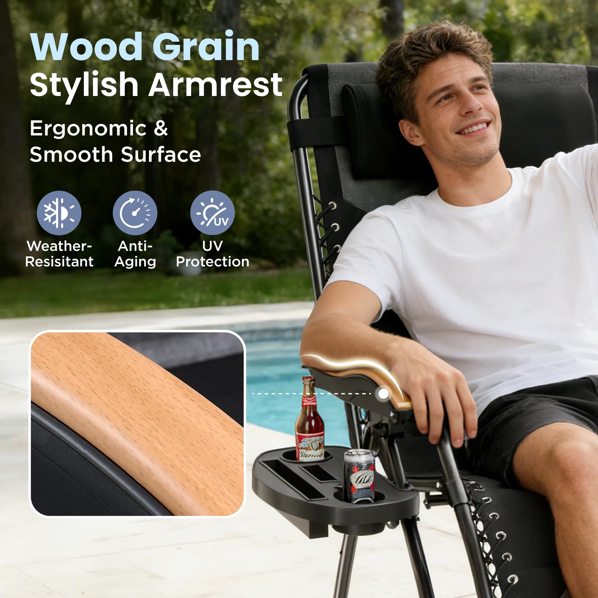 PHI VILLA XXL Oversized Padded Zero Gravity Chair Set of 2, Foldable Patio Recliner, 30" Wide Seat Anti Gravity Lounger with Armrest and Cup Holder, Support 400 LBS (Aqua Blue)