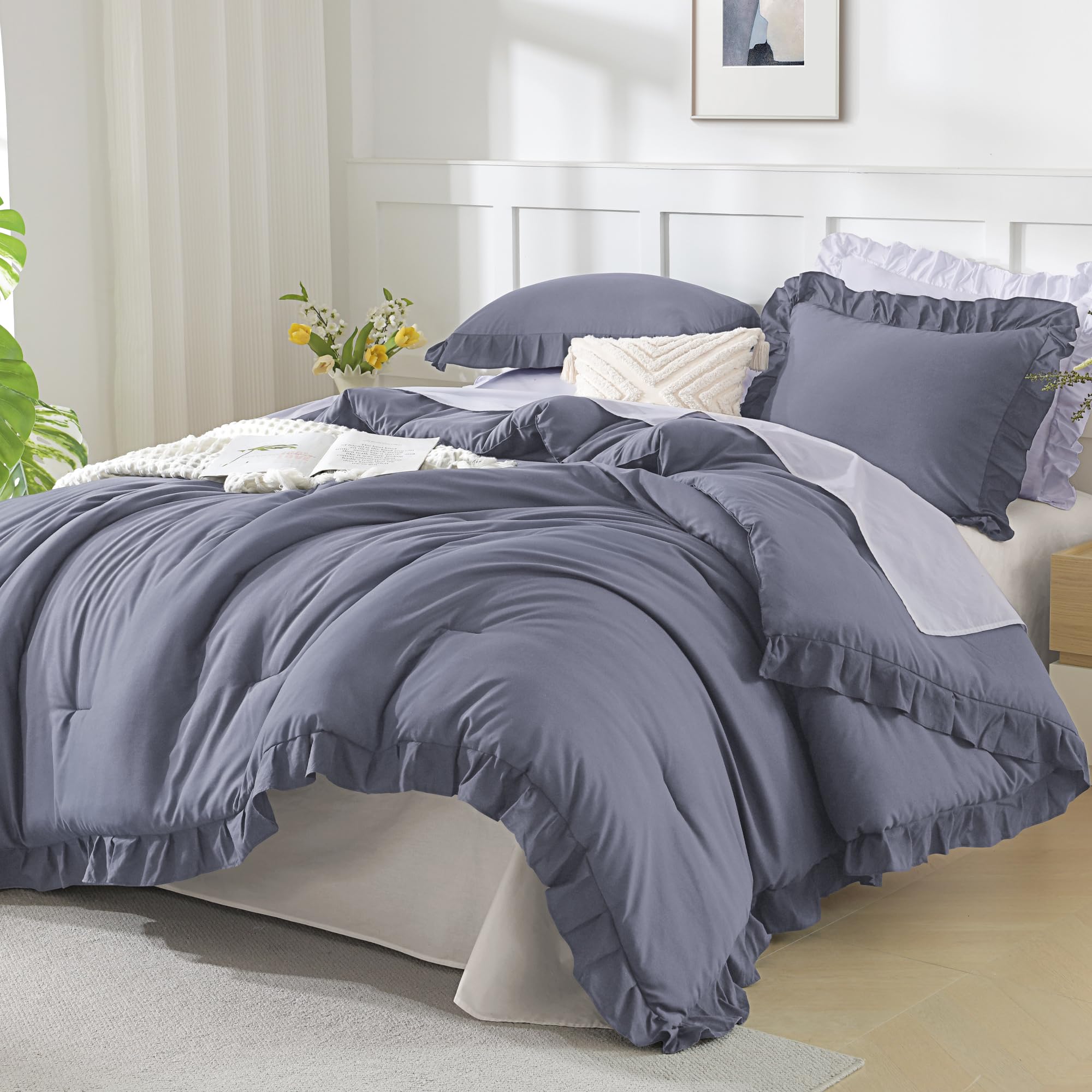 Andency Beige Twin Size Ruffle Comforter, 2 Pieces Farmhouse Shabby Classic Bed Set for Kids, Lighteweight Soft Polyester Bedding Set for Girls(1 Ruffle Comforter and 1 Pillowcase)