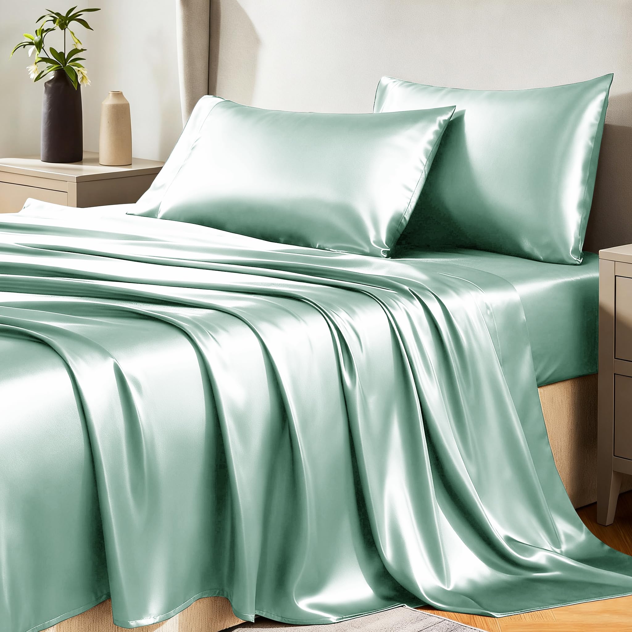 CozyLux Satin Sheets Twin Sheet Set - Silky Soft Bedding Similar to Silk, 3 Piece Sheets for Hair and Skin, Deep Pocket with All-Around Elastic, Home Decor for Bedroom, Black