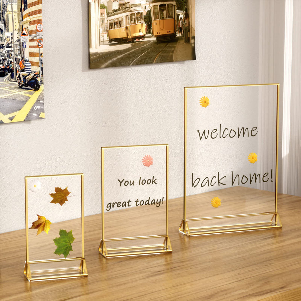 NIUBEE 6Pack 6 x 4 Horizontal Clear Acrylic Sign Holder with Gold Borders, Double Sided Table Menu Stands Picture Frames for Wedding Table Numbers, Restaurant Signs, Photos and Art Display