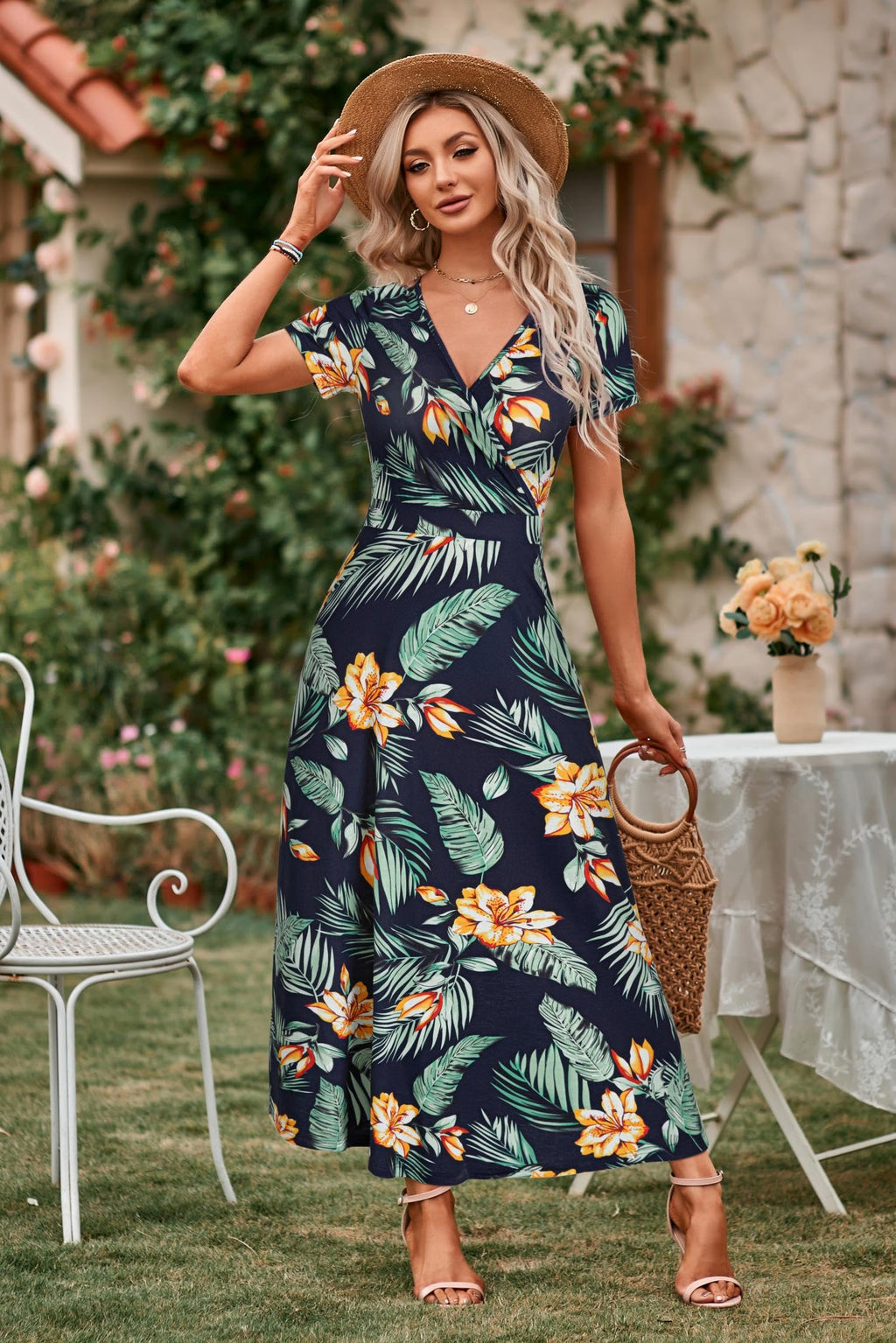 HUHOT Women's Short Sleeve Wrap V Neck Dresses for Wedding Guest Summer Floral Maxi Sundresses with Pockets Boho Dress