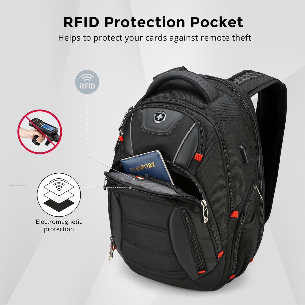 Swissdigital Design Travel Backpack for Women or Men, TSA Friendly USB Charging RFID Protection Business Carry on Bag Fits 15.6" Laptop Backpack Black | J14-BR