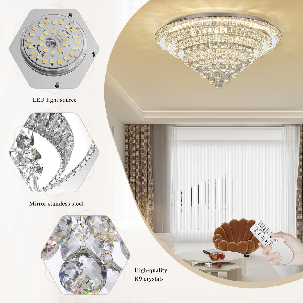 COCOSTAR 20" Gold Crystal Chandeliers, Flush Mount Chandelier LED Ceiling Light, Modern Crystal Raindrop Chandeliers for Dining Room, Living Room, Bedroom