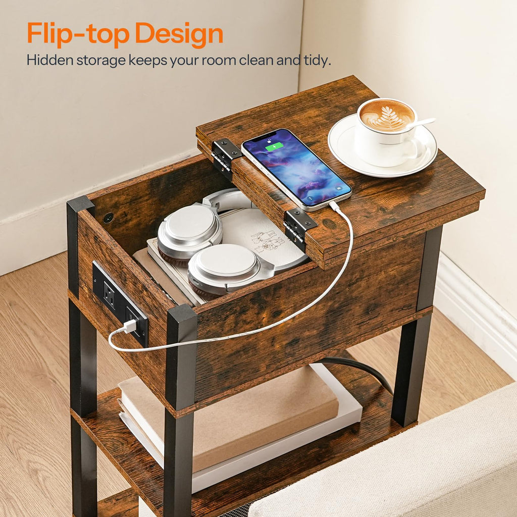 HOOBRO End Table with Charging Station, Flip Top Side Table with USB Ports, Narrow Nightstand Bedside Tables with Storage Shelves, for Small Space, Living Room, Black BK141UBZ01
