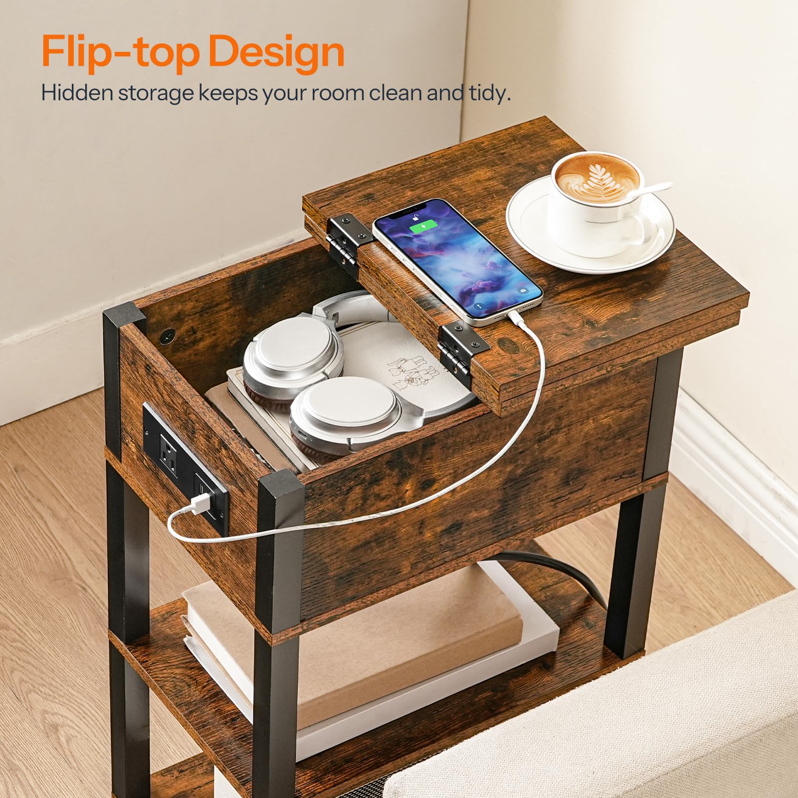 HOOBRO End Table with Charging Station, Flip Top Side Table with USB Ports, Narrow Nightstand Bedside Tables with Storage Shelves, for Small Space, Living Room, Black BK141UBZ01