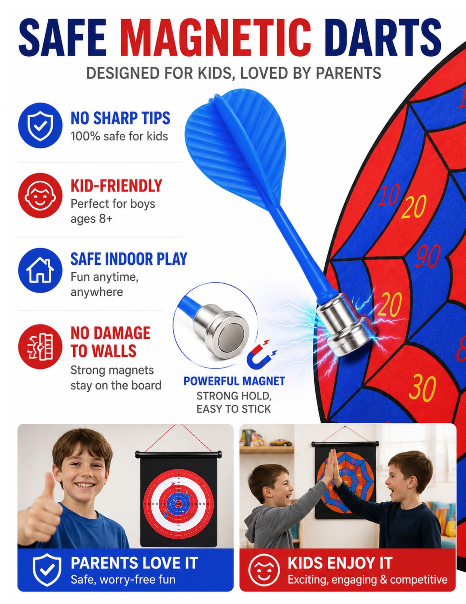 Magnetic Dart Board for Kids, Teens, Adults, Double-Sided Roll-Up Dart Board Games for Kids Age 3-18 with 12 Magnetic Darts, Indoor Outdoor Boys Toys for Backyard, Gifts for Teen Boys
