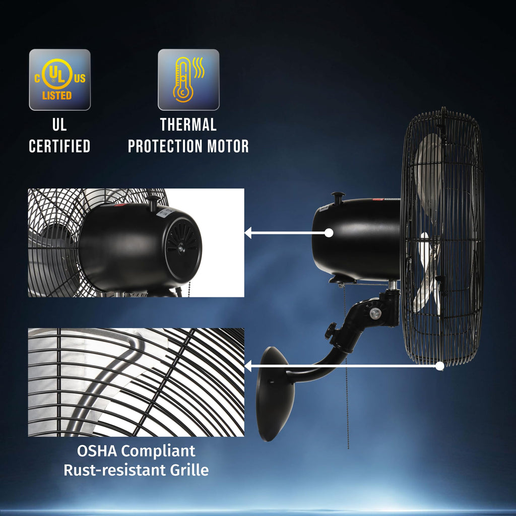 Tornado 16 Inch Professional High-Velocity Oscillating Wall-Mounted Fan – Ideal for Industrial, Commercial, and Residential Spaces – 3-Speed Settings, 2850 CFM, UL Safety Certified