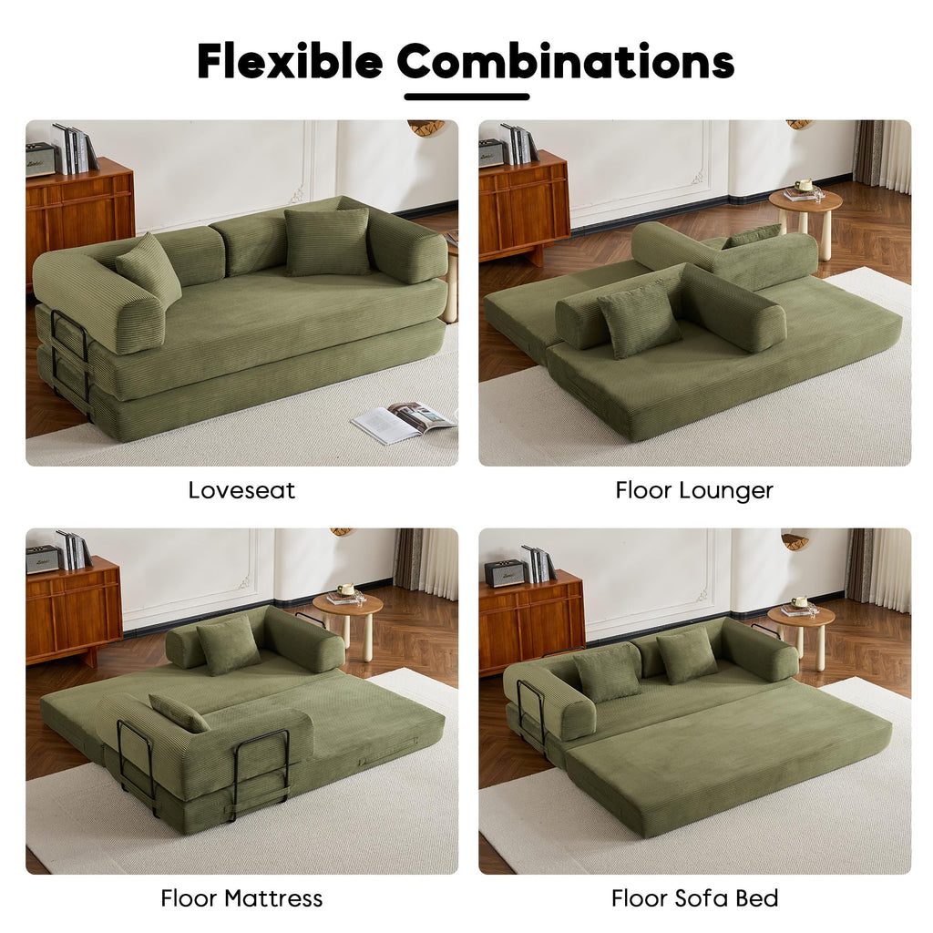 ZEIINPA 59“ Convertible Floor Sofa Bed, 5-in-1 Futon Sofa Bed Pull Out Sleeper Couch, Modern Corduroy Compressed Loveseat, Modular Boneless Couches for Living Room, No Assembly Required, Beige
