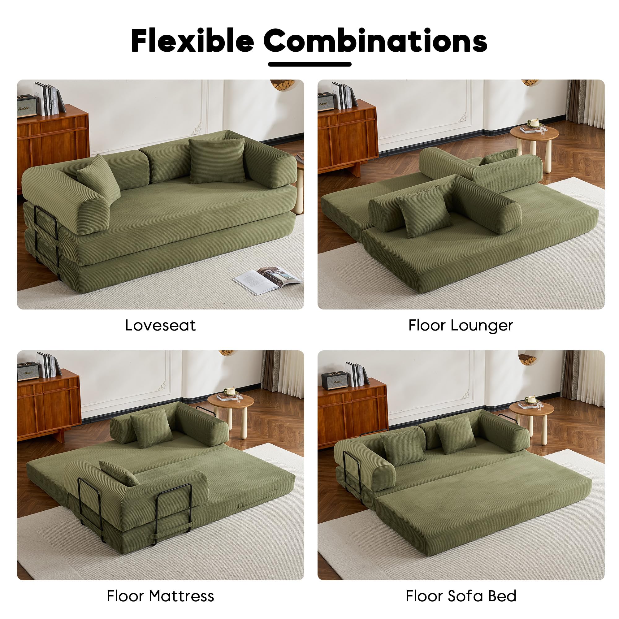 ZEIINPA 59“ Convertible Floor Sofa Bed, 5-in-1 Futon Sofa Bed Pull Out Sleeper Couch, Modern Corduroy Compressed Loveseat, Modular Boneless Couches for Living Room, No Assembly Required, Beige