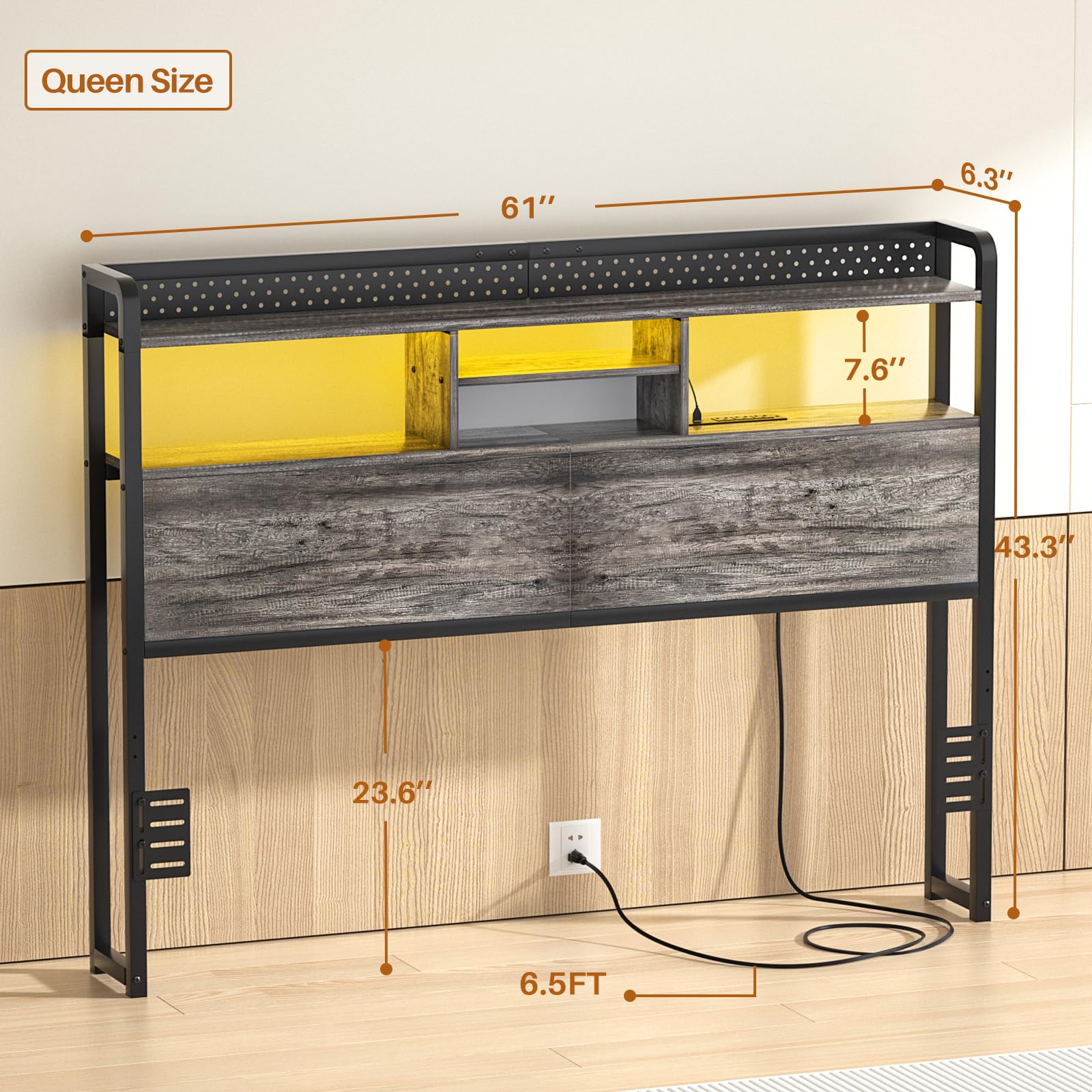 Unikito Headboard for Queen Size Bed with Storage Shelf, Head Board with 3 Outlets and 2 USB Ports, Headboards with RGB LED Light, Height Adjustable, Sturdy and Stable, Easy Assembly, Black