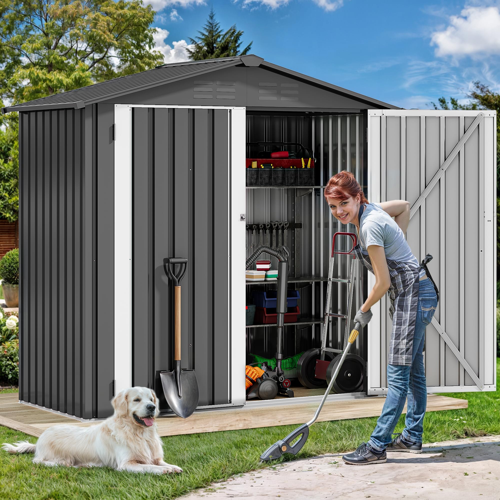 DWVO 6x4ft Outdoor Storage Shed, Lockable Metal Tool Storage Sheds, Waterproof Garden Sheds with Vents for Backyard, Patio, Garage, Lawn, Dark Gray
