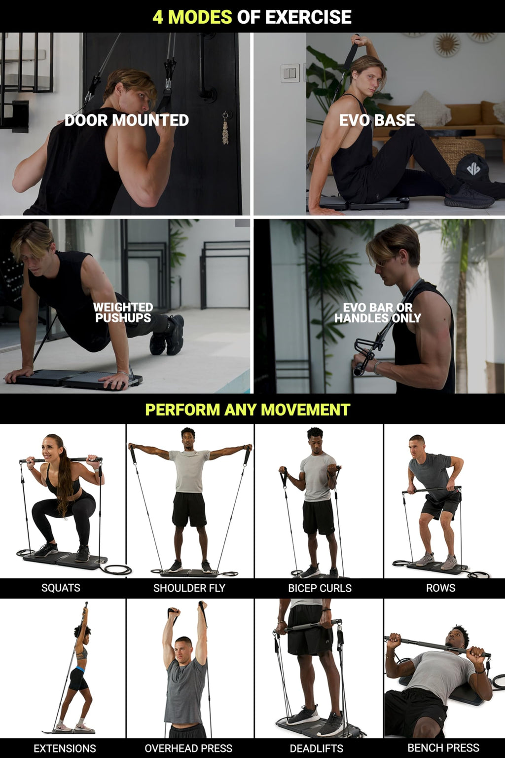EVO Gym - Portable Home Gym Strength Training Equipment, At Home Gym | All in One Gym - Resistance Bands, Base Holds Gym Bar & Handles for Travel | Portable Gym & Home Exercise Equipment
